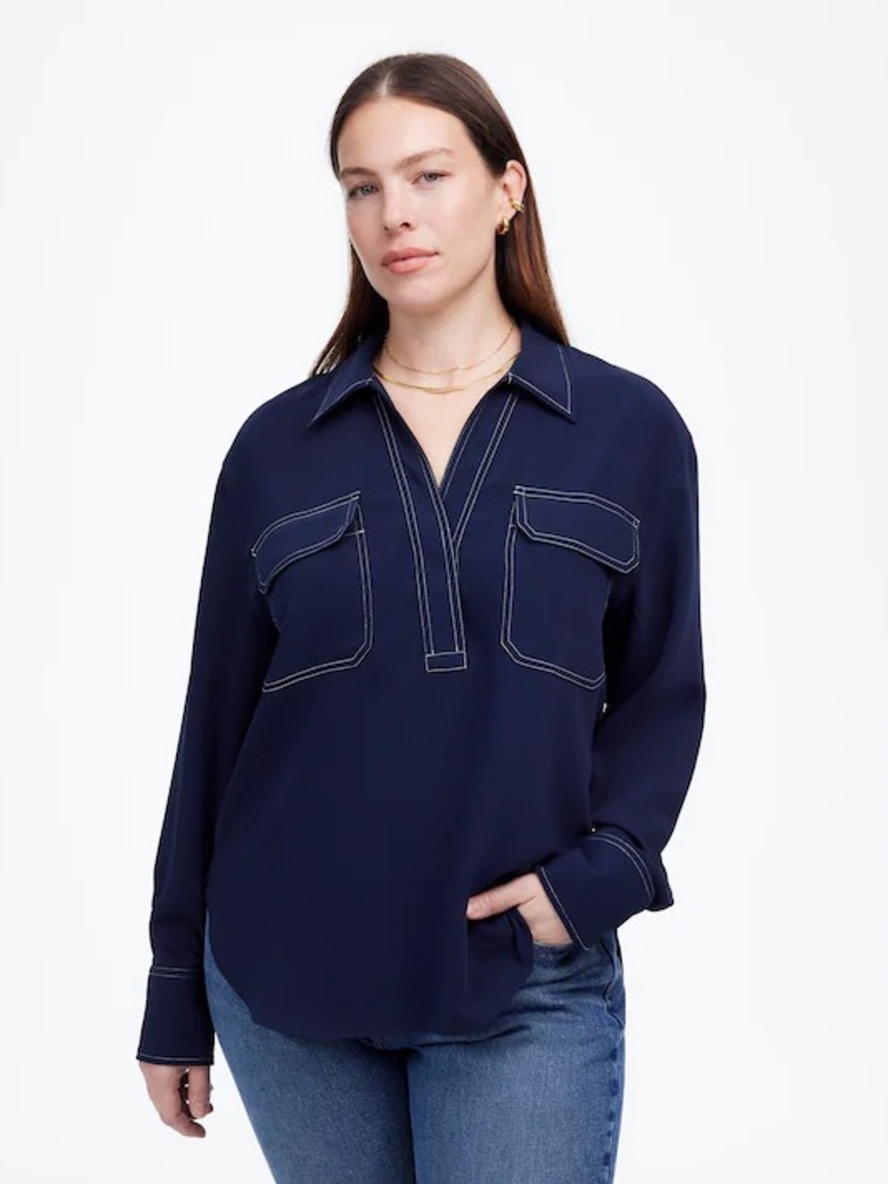 Madewell Navy Contrast-Stitch Pullover Shirt Style#NT773